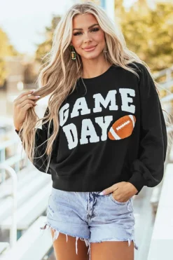 Clearance Dear-Lover GAME DAY Graphic Varsity Pullover Sweatshirt Black