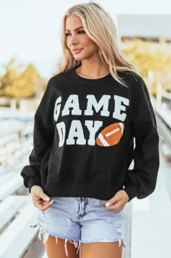 Clearance Dear-Lover GAME DAY Graphic Varsity Pullover Sweatshirt Black