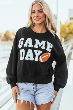 Clearance Dear-Lover GAME DAY Graphic Varsity Pullover Sweatshirt Black