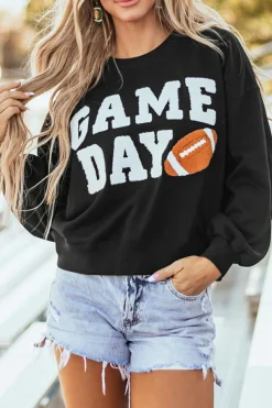 Clearance Dear-Lover GAME DAY Graphic Varsity Pullover Sweatshirt Black