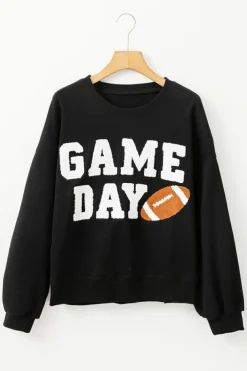 Clearance Dear-Lover GAME DAY Graphic Varsity Pullover Sweatshirt Black