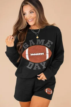 Clearance Dear-Lover GAME DAY Rugby Football Graphic Pullover and Shorts Casual Outfit Black