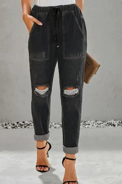 Discount Dear-Lover Gather Round Distressed Pocketed Denim Jogger Black