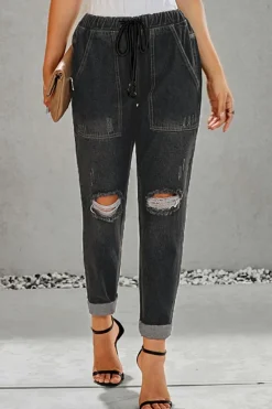 Discount Dear-Lover Gather Round Distressed Pocketed Denim Jogger Black