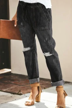 Discount Dear-Lover Gather Round Distressed Pocketed Denim Jogger Black