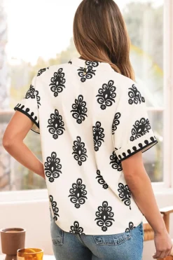 Outlet Dear-Lover Geometric Print Short Sleeve V Neck Blouse Black
