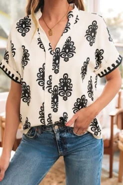 Outlet Dear-Lover Geometric Print Short Sleeve V Neck Blouse Black