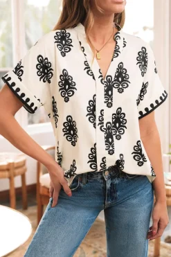 Outlet Dear-Lover Geometric Print Short Sleeve V Neck Blouse Black