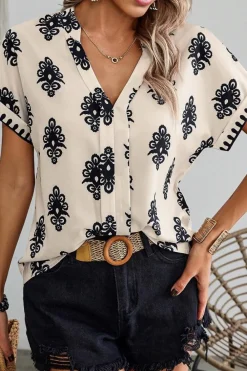 Outlet Dear-Lover Geometric Print Short Sleeve V Neck Blouse Black