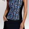 Online Dear-Lover Geometric Print Sleeveless Zipper Racer Back Pocket Tankini Set Black