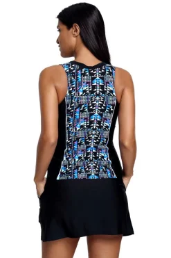 Online Dear-Lover Geometric Print Sleeveless Zipper Racer Back Pocket Tankini Set Black