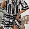 Hot Dear-Lover Geometric Print V Neck Ruffled Dress Black
