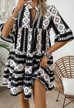 Hot Dear-Lover Geometric Print V Neck Ruffled Dress Black