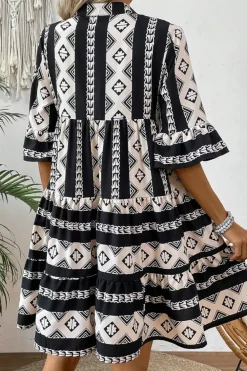 Hot Dear-Lover Geometric Print V Neck Ruffled Dress Black