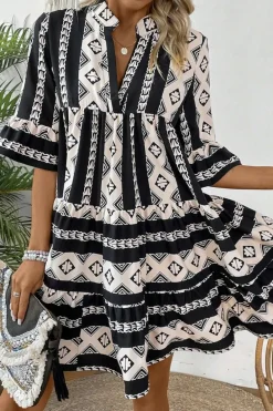 Hot Dear-Lover Geometric Print V Neck Ruffled Dress Black