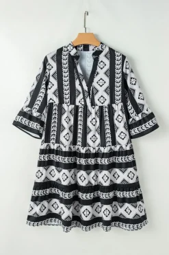 Hot Dear-Lover Geometric Print V Neck Ruffled Dress Black