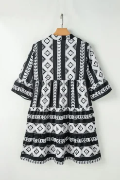 Hot Dear-Lover Geometric Print V Neck Ruffled Dress Black