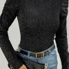 Hot Dear-Lover Gigot Sleeve Metallic Knit Slim Fit Top Black