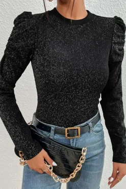 Hot Dear-Lover Gigot Sleeve Metallic Knit Slim Fit Top Black