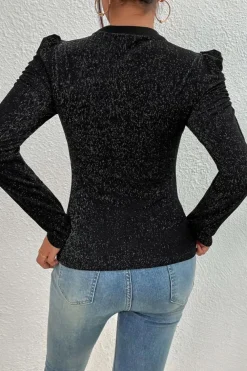 Hot Dear-Lover Gigot Sleeve Metallic Knit Slim Fit Top Black
