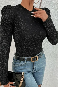 Hot Dear-Lover Gigot Sleeve Metallic Knit Slim Fit Top Black