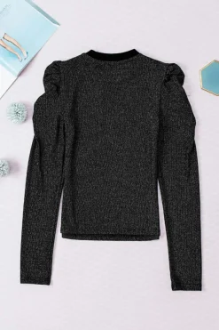 Hot Dear-Lover Gigot Sleeve Metallic Knit Slim Fit Top Black