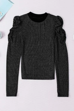 Hot Dear-Lover Gigot Sleeve Metallic Knit Slim Fit Top Black