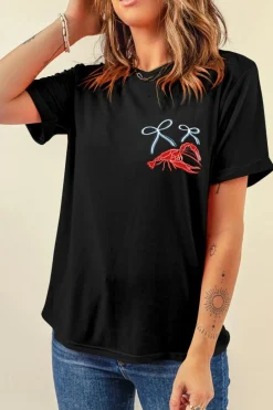 Hot Dear-Lover Girlie Bow Crawfish Printed T Shirt Black