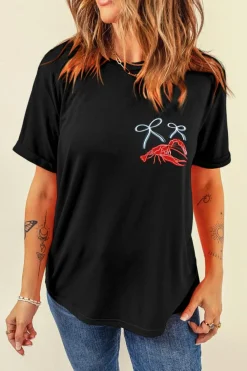 Hot Dear-Lover Girlie Bow Crawfish Printed T Shirt Black