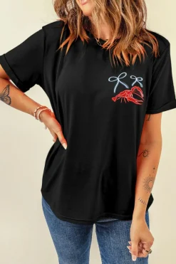 Hot Dear-Lover Girlie Bow Crawfish Printed T Shirt Black