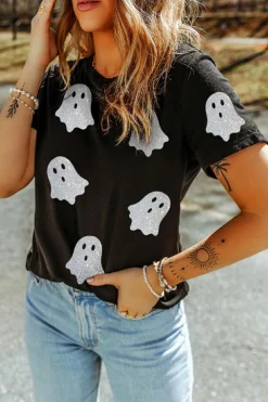Hot Dear-Lover Glitter Ghost Pattern Crew Neck Halloween T Shirt Black