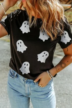 Hot Dear-Lover Glitter Ghost Pattern Crew Neck Halloween T Shirt Black