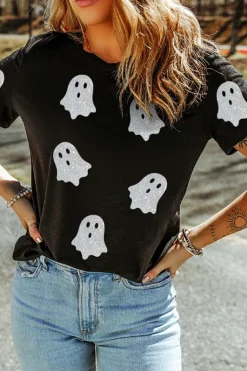 Hot Dear-Lover Glitter Ghost Pattern Crew Neck Halloween T Shirt Black