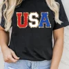 New Dear-Lover Glitter Trim Chenille USA Graphic T Shirt Black