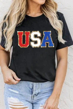 New Dear-Lover Glitter Trim Chenille USA Graphic T Shirt Black