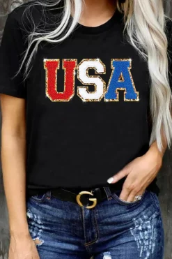 New Dear-Lover Glitter Trim Chenille USA Graphic T Shirt Black