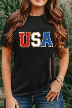 New Dear-Lover Glitter Trim Chenille USA Graphic T Shirt Black