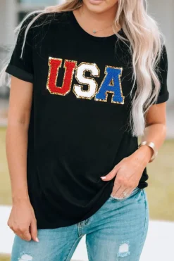 New Dear-Lover Glitter Trim Chenille USA Graphic T Shirt Black