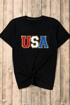New Dear-Lover Glitter Trim Chenille USA Graphic T Shirt Black