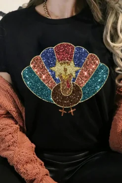 New Dear-Lover Glitter Turkey Heat Transfer Printing Thanksgiving T Shirt Black