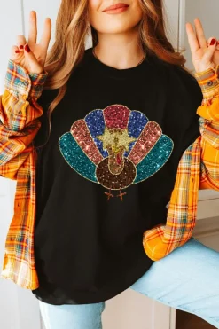 New Dear-Lover Glitter Turkey Heat Transfer Printing Thanksgiving T Shirt Black