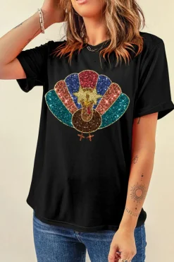 New Dear-Lover Glitter Turkey Heat Transfer Printing Thanksgiving T Shirt Black