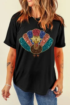 New Dear-Lover Glitter Turkey Heat Transfer Printing Thanksgiving T Shirt Black