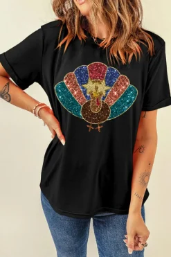New Dear-Lover Glitter Turkey Heat Transfer Printing Thanksgiving T Shirt Black