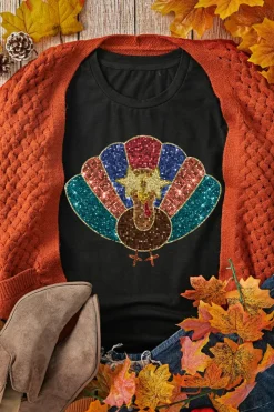 New Dear-Lover Glitter Turkey Heat Transfer Printing Thanksgiving T Shirt Black