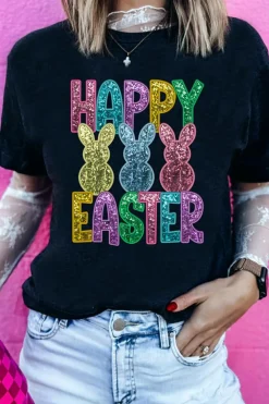 Clearance Dear-Lover Glittering Bunny HAPPY EASTER Graphic T Shirt Black