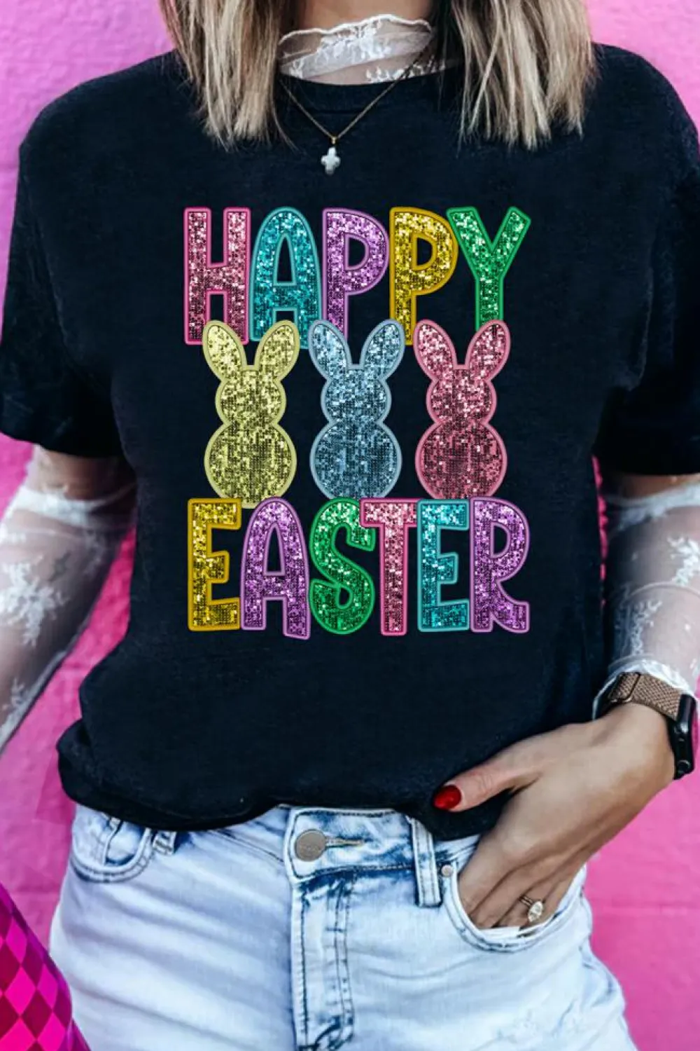 Clearance Dear-Lover Glittering Bunny HAPPY EASTER Graphic T Shirt Black