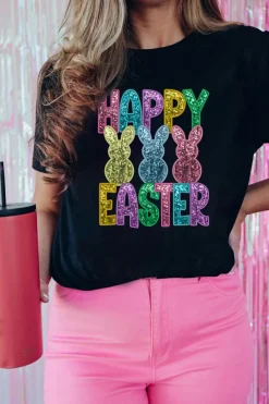 Clearance Dear-Lover Glittering Bunny HAPPY EASTER Graphic T Shirt Black