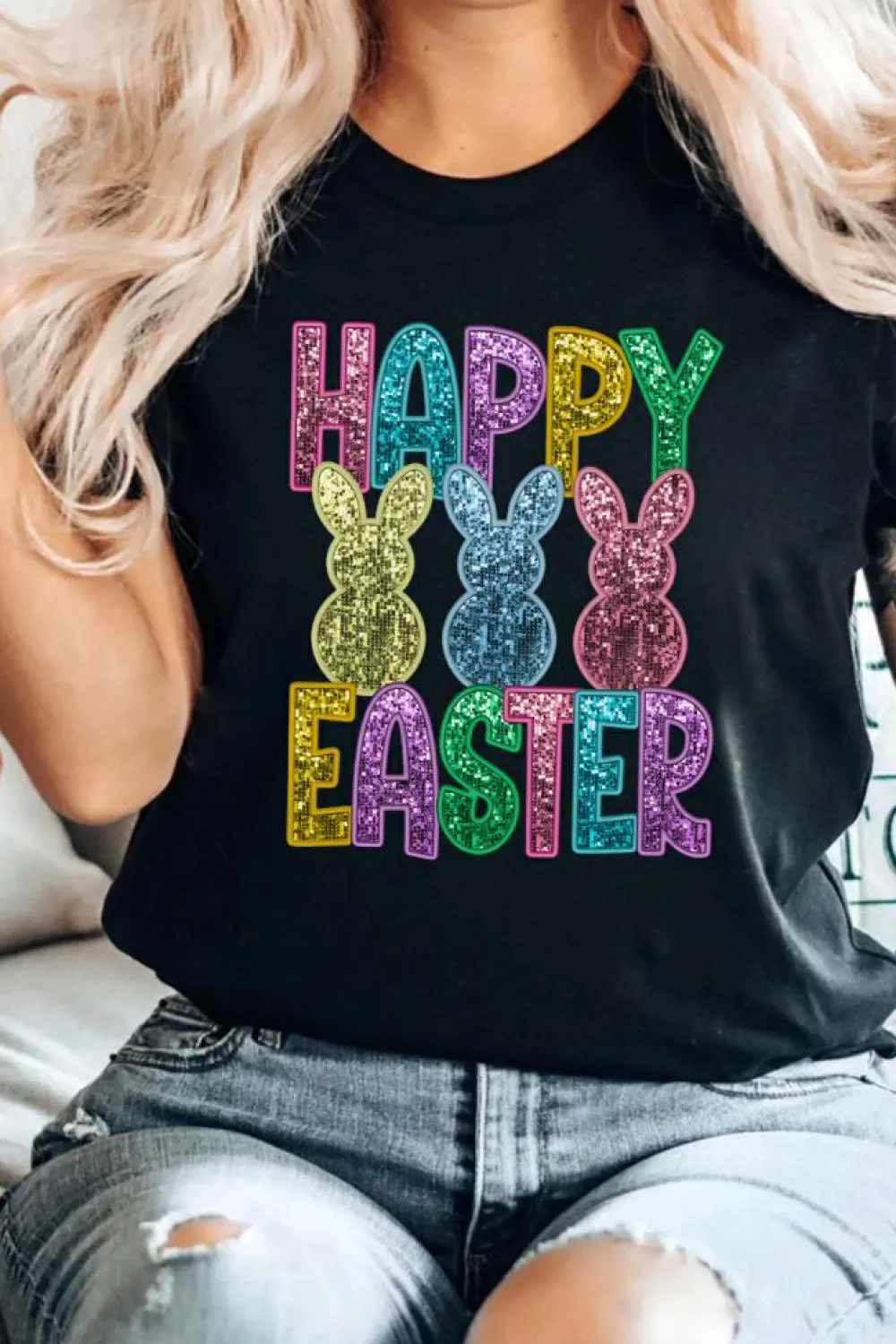 Clearance Dear-Lover Glittering Bunny HAPPY EASTER Graphic T Shirt Black