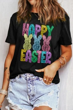 Clearance Dear-Lover Glittering Bunny HAPPY EASTER Graphic T Shirt Black
